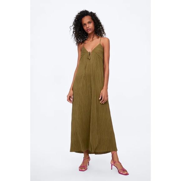 New Zara Khaki Pleated Dress (S) - Picture 1 of 9
